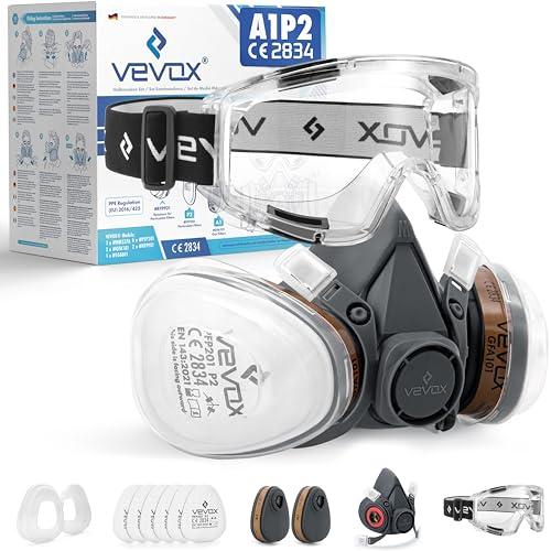 VEVOX® Maschera respiratoria con filtro A1P2 – Protezione da gas, vapori e polveri sottili – Ideale per verniciatura, levigatura e lavori edili – Con 6 filtri P2 antiparticolato e 2 A1 antigas