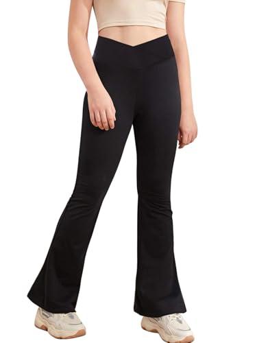 Haloumoning Leggings da ragazza a soffietto V Crossover Flared Pantaloni da yoga per bambini, pantaloni svasati per yoga, danza, corsa, Nero , 11-12 Anni