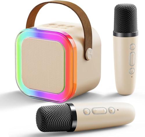 Mini macchina karaoke per bambini e adulti, macchina vocale portatile con 2 microfoni wireless, migliaia di canzoni karaoke, regali di compleanno per ragazze dai 3 ai 12 anni (beige)
