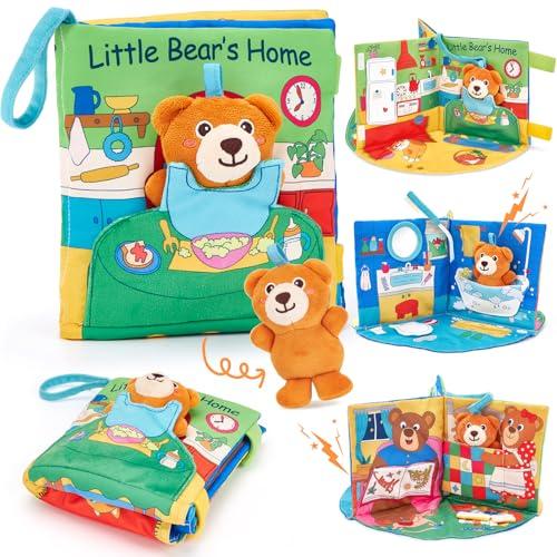 hahaland Libro Sensoriale Neonati 6-12 Mesi, 3 in 1 Morbidi Libro Montessori Interattivo con Specchio & Orsetti Rimovibili, Libri di Stoffa Giochi Tummy Time Neonato Giocattol 3 6 9 12 Mesi