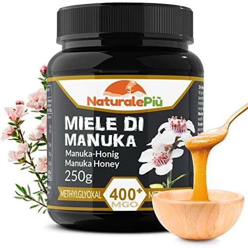 NaturalePiù Miele di Manuka 400+ MGO da 250 gr. Prodotto in Nuova Zelanda, Attivo e Grezzo, Puro e Naturale. Metilgliossale Testato da Laboratori Accreditati