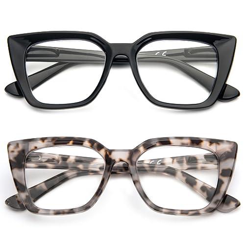 Kodilin 2 Pack Occhiali da lettura donna Oversized Square Anti Luce Blue Computer Lettori Uomo con cerniera a molla (+1.5, nero grigio tartaruga)