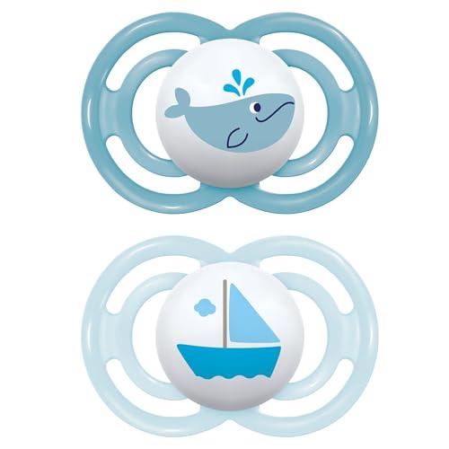 MAM Perfect Confezione Doppia Succhietto 16+ Mesi (Set da 2), Ciuccio MAM 16 36 mesi silicone per uno sviluppo sano del cavo orale, Kit da 2 accessori neonato con porta ciuccio sterilizzatore, Azzurro