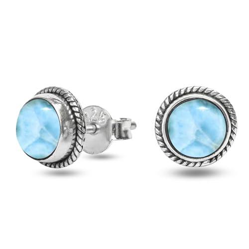 Orecchini a bottone con pietra preziosa di Larimar, orecchini in argento sterling 925, orecchini fatti a mano con filo intrecciato
