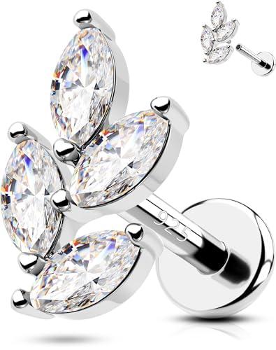 OUFER 16G 6 mm Piercing Helix Argent 925 Foglia Cartilage Earring Internally Threaded Trago Piercing Donna Uomo Clear CZ Piercing Orecchio Helix