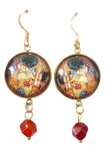 Orecchini Dipinti Pendenti Cabochon, Idea Originale per Regalo Natale,Fatto a Mano, Gioielli Donna Sicilia con Perline Naturali (Agata Rossa Il Bacio)