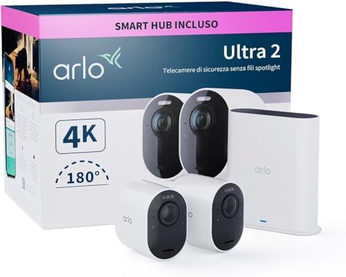 Arlo Ultra 2 Telecamera WiFi Esterno Senza Fili, Telecamera WiFi Interno, 4K UHD, Sirena Allarme Casa, Sensore Di Movimento, Audio Bidirezionale, Prova Arlo Secure Inclusa, 2 Telecamere, Bianche