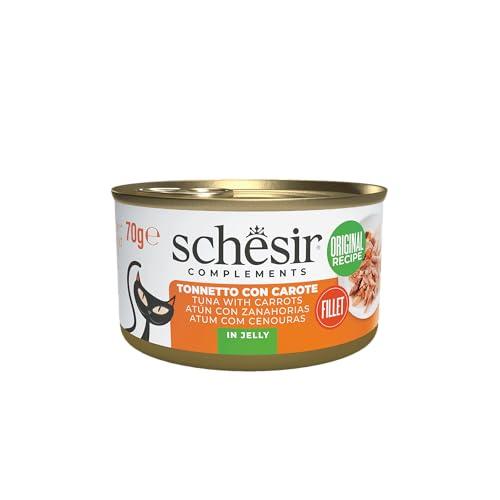 Schesir, Filetti di Tonno con Carote in Gelatina, Cibo Umido Complementare per Gatti, Ricetta Originale, 100% Naturale, 12 lattine da 70g