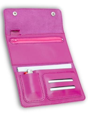 Portatabacco in Vera Pelle Italiana – Custodia per Tabacco, Cartine, Filtri e Accendino – Personalizzabile con Testo Inciso – Made in Italy - Elegante e compatto (Fucsia)