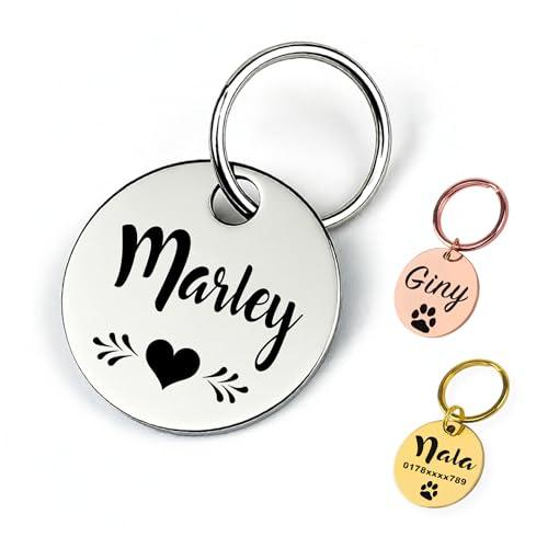Targhetta per cani con incisione | Personalizzabile con nome, numero di telefono, calligrafia, zampa, cuore, corona | Ciondolo con nome in acciaio inossidabile da ⌀23 mm per collare