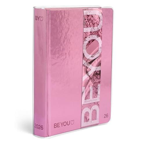 BE YOU - Diario Scuola Cosmetic Pink 2025/2026, 12 Mesi, 09/25-08/26, Agenda Scolastica con Sticker e Sovracopertina Trasparente, Formato 12,5 x 16,5 cm, Per Ragazzi e Ragazze di Superiori e Medie