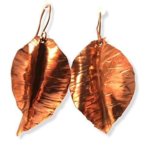 Foglia rame L. Orecchini in rame forgiati a mano.