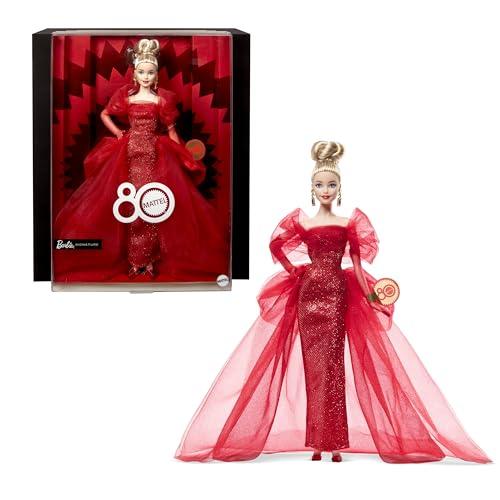 Barbie Signature 80° Anniversario Mattel, bambola bionda da collezione in abito in tulle rosso scintillante con orecchini a goccia e guanti velati, giocattolo per bambini, 6+ anni, JBJ17