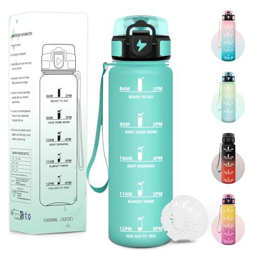 Baramumu Borraccia, 1000ML Senza BPA, Borraccia Palestra, Design Della Serratura a Prova di Perdite, Bottiglia Motivazionale, Con Marca Temporale, Bottiglia Sportiva per Yoga, Bicicletta - Blu&verde