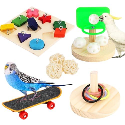 WishesMar Set di 4 Giocattoli Pappagalli Giochi da Addestramento per Uccelli Pappagallino Ondulato - Scooter Basket Anello Impilabile Riconoscimento dei Blocchi di Legno Giocattolo per Calopsitta