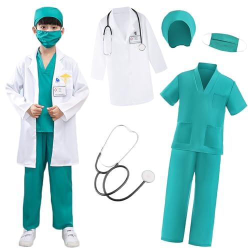 XFOZDM Costume da Dottore per Bambino Bambina Con Camice Dottore Scrub Stetoscopio Kit Dottore Chirurgo Medico Costume per Ragazzi Ragazze Gioco di Ruolo Carnevale Halloween Cosplay 10 Anni Verde 150