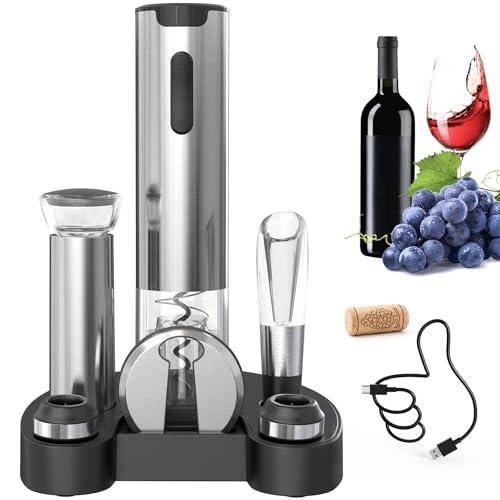 CIRCLE JOY Set di Apribottiglie Elettrici 7 in 1 con base di ricarica, Tagliacapsule, Versatore, tappo a vuoto e 2 tappo per vino, regalo per gli amanti del vino