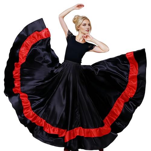Baisdan Gonna da Donna per Danza del Ventre - Gonne Multistrato con Volant in Raso per Flamenco Spagnolo, Danza del Toro Spettacolo Nero