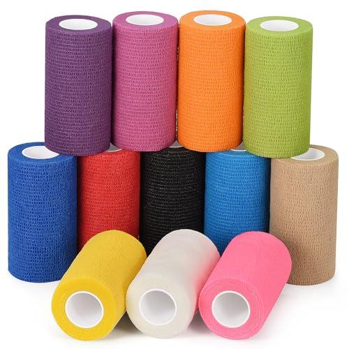 Sagafly 12 Rotoli Benda Elastica Coesiva 10cm x4.5m Elastica Bendaggio Adesiva Coesiva Benda Nastro Autoadesivo Salvapelle Sportivo Garza Autoadesiva Fasciature per Mani, Piedi, Ginocchia