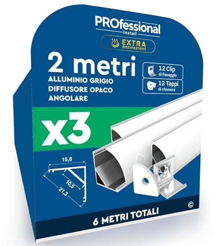 Eurocali 3 Profili Angolari da 2 Metri per Strisce LED - 6 Metri Totali - Angoli 21,3x15,8mm - Profili in Alluminio con Copertura Opaca per Strisce LED fino a 10,5mm