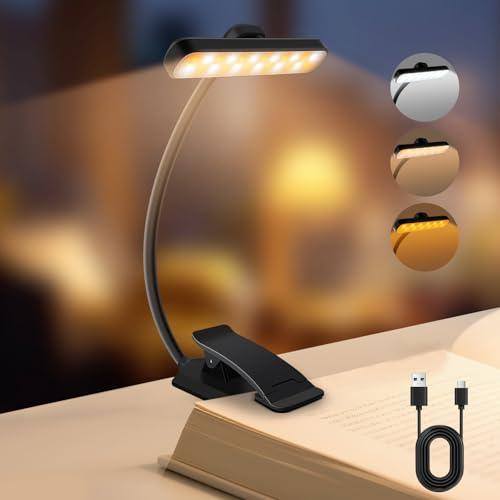 Lampada da Lettura con Clip Ricaricabile, 24 LED 3 Temperature di Luce (2700K/4000K/6000K), 5 Livelli Luminosità, 360° Regolabile, Batteria 1000mAh USB-C - Ideale per Letto, Libri, Bambini e Ufficio