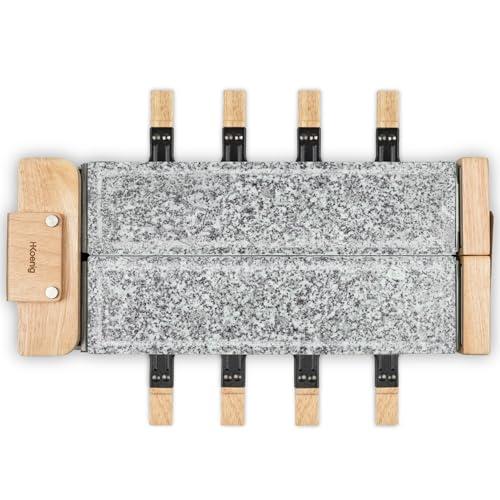 H.Koenig WOD362 Apparecchio per raclette per 8 persone, formaggio, fonduta, doppia piastra di cottura, granito, legno naturale, base girevole a 180°, piastre rimovibili, 8 padelle antiaderenti
