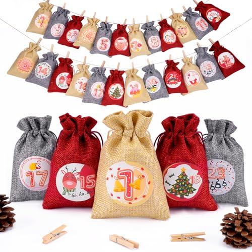 Calendario dell’Avvento da Riempire – 24 Sacchetti in Juta con Numeri Stampati – Calendario Natalizio Fai-da-te Riutilizzabile per Bambini e Adulti, Decorazioni per la Casa
