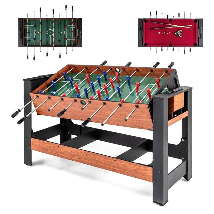 COSTWAY 2 in 1 Calcio Balilla Ribaltabile, Tavolo da Biliardo con Stecche, Triangolo, Spazzola e Gessetti, Tavolo Arcade da Interno per Sala Giochi e Feste, 138x61x84 cm