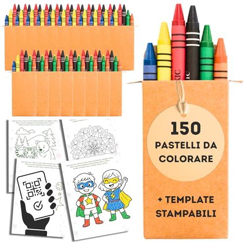 AF® - Set 150 Pastelli a Cera per Bambini, 25 Scatole da 6 Colori | Mini Pastelli per Regalini di Compleanno, Scuola e Fine Anno | Modelli da Colorare Scaricabili