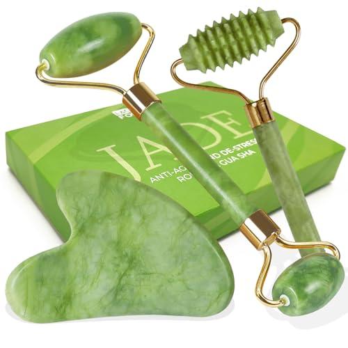 LAC FOR YOU Pietra Gua Sha Naturale Vera e Rullo Di Giada per il Viso - 2 Face Roller Massaggiatore Viso Antirughe e Contorno Occhi - 3 Pz Accessori Skin Care