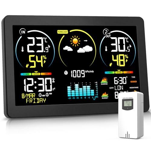 Stazione Meteo con Sensore Esterno, Termometro Digitale Senza Fili con Display a Colori, Monitor di Temperatura e Umidità, Previsioni del Tempo con Retroilluminazione Regolabile e Calendario, Nero