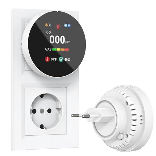 CHZHVAN Rilevatore Gas e Monossido di Carbonio 4-in-1 Plug-in, Allarme di CO con Regolazione Luminosità Schermo, Rivelatore di Naturale Gas, Bianco