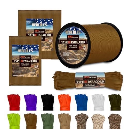 HERCULES Tipo III Paracord 550 Corda Paracord Corda per paracadute, 50' marrone coyote per fai da te, campeggio, sopravvivenza, all'aperto