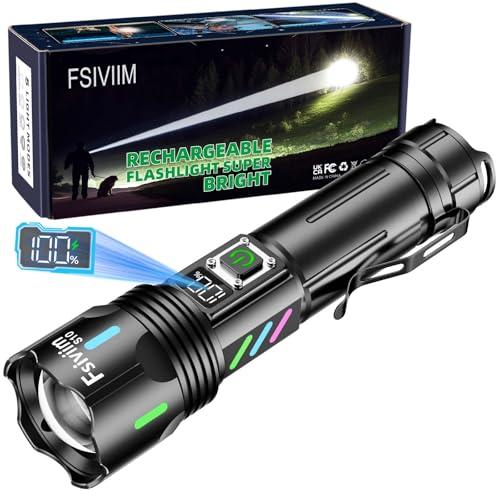 Fsiviim Torcia LED Potente Professionale, 1,000,000 Lumen Torcia Led Ricaricabile Potente, Torcia Ricaricabile USB, zoomabile, 5 modalità， Per Campeggio Trekking Emergenza