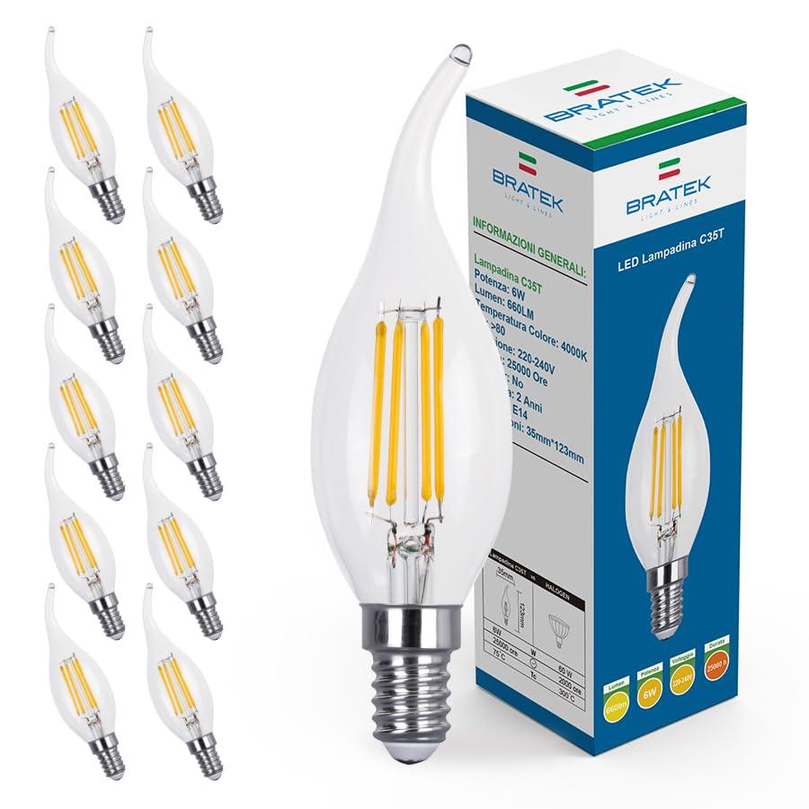 Bratek 10 Lampadine Led E14 Luce Naturale Vintage a Fiamma 4000k 6W 660 Lumen - Lampadina Vintage Attacco Piccolo e14 a Filamento Led Trasparente Equivalente 75W a Incandescenza o 60w Alogena
