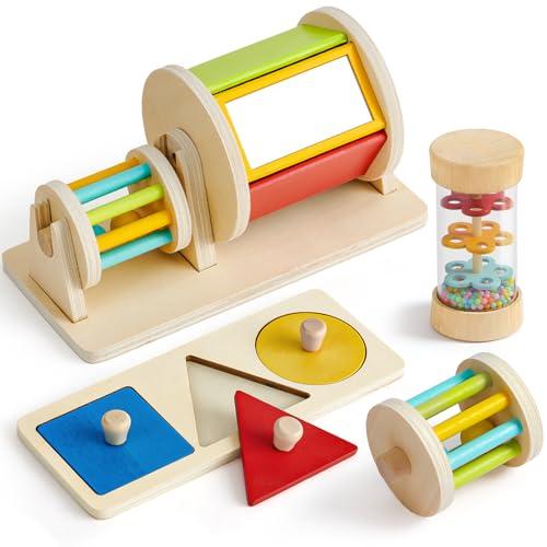 Atoylink Montessori Baby Toy a partire da 0 3 6 9 mesi, giocattolo sensoriale con tamburo spinning e pioggia per bambini e puzzle a incastro, giocattolo in legno, giocattolo per bambini, regalo 1 anno