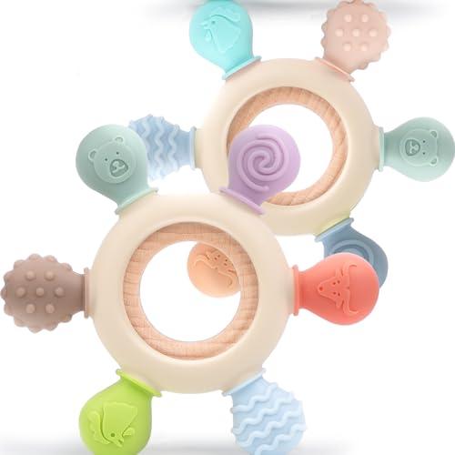 OKONKN 2 Pezzi Giochi Dentizione Neonato, Massaggia Gengive Neonati Anello per la Dentizione del Bambini, Massaggiagengive Senza BPA per neonati di età superiore ai 0 3 6 12 mesi