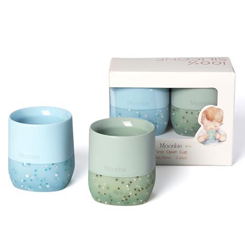 Moonkie Bicchiere Bambini, 2 Pezzi Bicchiere Neonato Silicone, Tazza Bambino 4 Mesi+, Svezzamento Neonati, Base Ponderata, senza BPA, con Indicazioni di Capacità, per Lavastoviglie, 2oz(Etere/Menta)