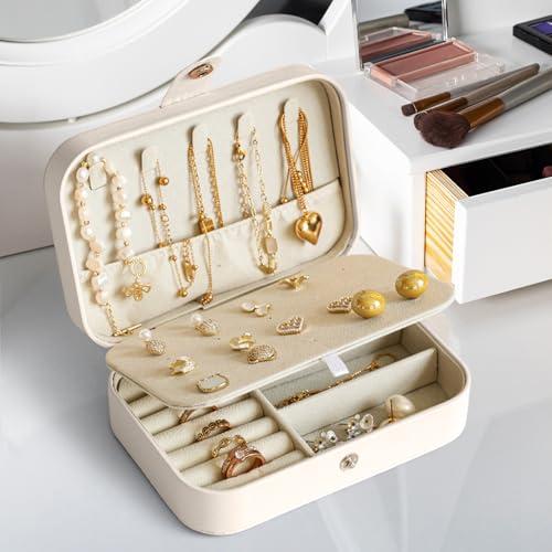 Mini portagioie da viaggio, 16 x 11,5 x 5 cm, organizer portatile per orecchini, anelli, collane, bracciali (bianco)