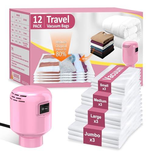Set Sacchetti Sottovuoto Vestiti con Pompa (12 pz: 3XL, 3L, 3M, 3S). Ideale per compattare abiti da viaggio, biancheria e piumini. La Soluzione Perfetta per un'organizzazione senza sforzo