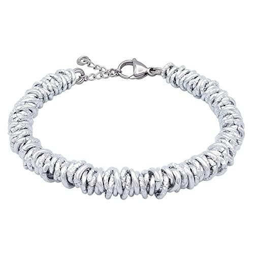 ParticolarModa Bracciale Donna regolabile nodini anellini lucido diamantato acciaio alluminio morbido 7 mm (Regolabile da 19 a 22 cm (x polso 16-18), Argentato)