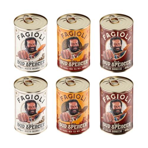 MIX Fagioli BUD SPENCER - 2 Barattoli Fagioli Pinto Ricetta originale + 2 Barattoli Fagioli Neri Tex-Mex + 2 Barattoli di Fagioli salsa Barbecue, Barattoli da 400gr - PRODOTTO ORIGINALE BUD POWER