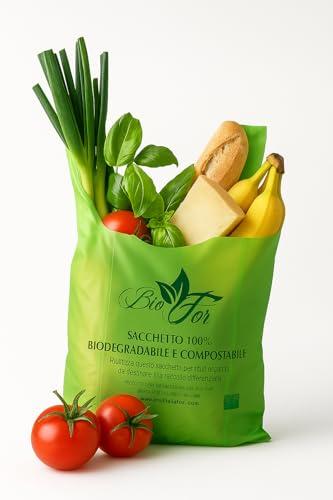 500 Shopper Biodegradabili e Compostabili 100% - Buste Bio -MISURA: 27x50 cm, Soffietti 8+8 - Sacchetti Eco per Trasporto Merci e Alimenti - Resistenti e Ideali per Negozi, Verde