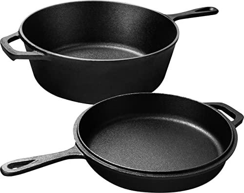 KICHLY Voorgezouten Olanda Oven Vuurpot - Grilpannen mette dubbele functie - Veilige Gietijzeren Combikoker voor Kachel, Kamperen, Binnen en en Buiten - 3L/3,2 Kwart Kookset (2 in 1) nero