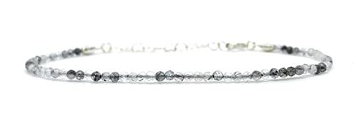 Bracciale donna Quarzo rutilato nero in pietra naturale argento 925 spessore 2 mm regolabile da 16 cm a 19 cm