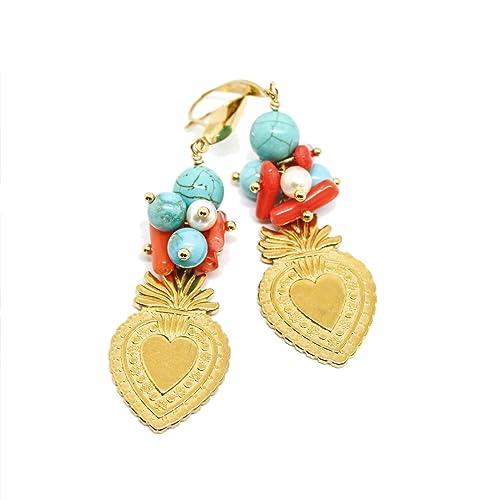 Orecchini pendenti sacro cuore ex voto color oro turchese e corallo
