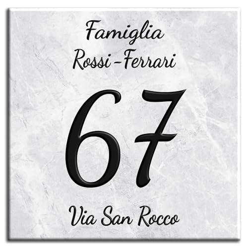 Numero Civico Targa Decorativa PERSONALIZZABILE,Numero Civico su Mattonella in Ceramica 11x11cm, 15x15cm, 20x20cm con Indirizzo e Nome Famiglia Personalizzato,Numeri Civici Moderni. (WM)