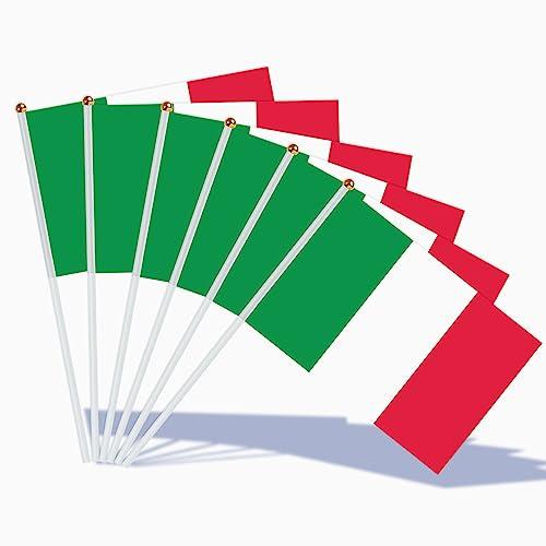 AhfuLife Italiane Bandiere Tenute a Mano, 15 Pz, Mini Bandiera Italiana 14x21 cm, con Palo Bianco 30 cm per Festa Nazionale, Coppa del Mondo, Decorazioni per Calcio e Feste Sportive
