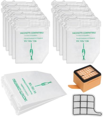 10 Sacchetti per Aspirapolvere Folletto vk135 vk136 con 1 Filtro Hepa 1 Filtro Griglia