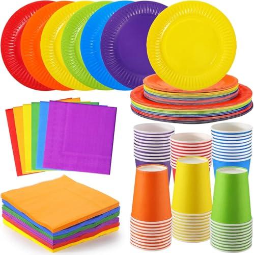 LATERN 120 Pezzi Stoviglie Colorate per Neon Feste in Carta, 30 x 23CM Piatti da Piani e 18CM Piatti da Insalata, 30 x Tazze da 270ml, 30 x Tovaglioli - per Neon Fiesta Arcobaleno Feste Decorazioni